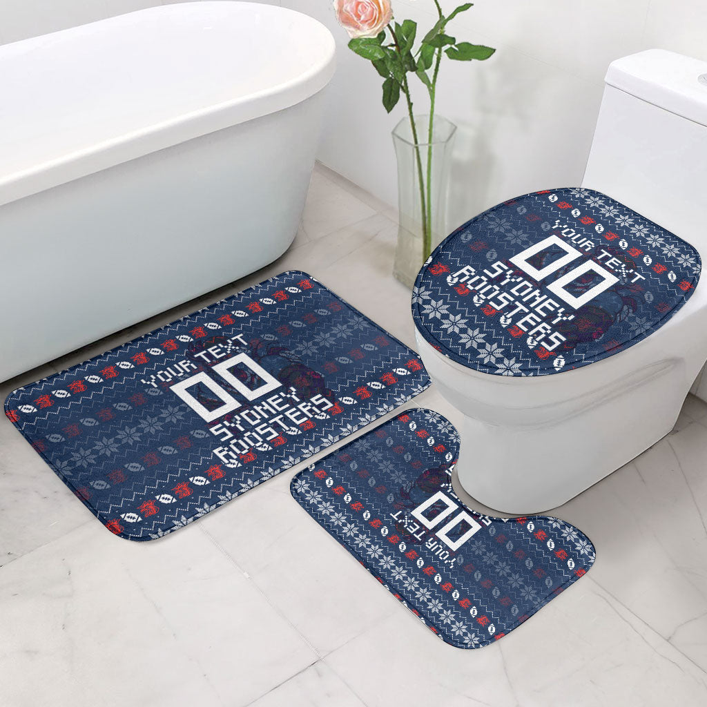 Personalized Sydney Roosters Christmas Bathroom Set Australian Rugby Fans - Pixelated Ugly Xmas Pattern Mascot Santa