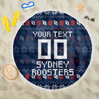 Personalized Sydney Roosters Christmas Beach Blanket Australian Rugby Fans - Pixelated Ugly Xmas Pattern Mascot Santa