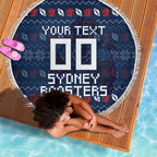 Personalized Sydney Roosters Christmas Beach Blanket Australian Rugby Fans - Pixelated Ugly Xmas Pattern Mascot Santa