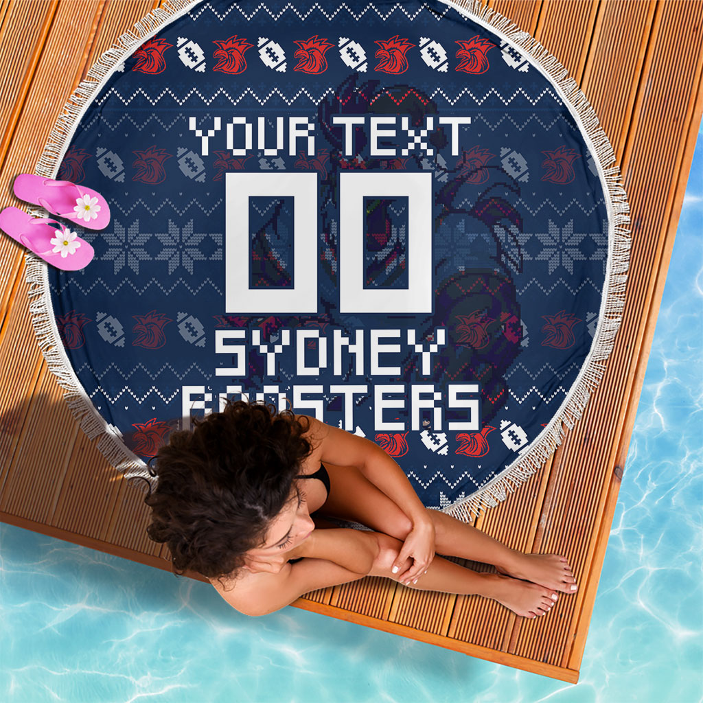 Personalized Sydney Roosters Christmas Beach Blanket Australian Rugby Fans - Pixelated Ugly Xmas Pattern Mascot Santa