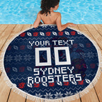 Personalized Sydney Roosters Christmas Beach Blanket Australian Rugby Fans - Pixelated Ugly Xmas Pattern Mascot Santa