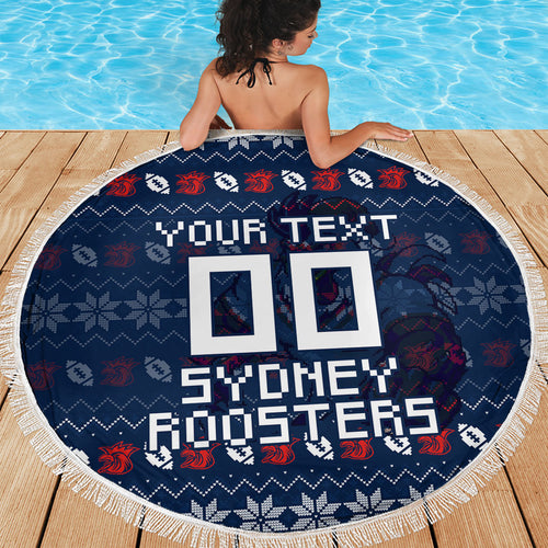 Personalized Sydney Roosters Christmas Beach Blanket Australian Rugby Fans - Pixelated Ugly Xmas Pattern Mascot Santa