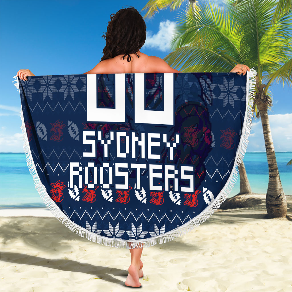 Personalized Sydney Roosters Christmas Beach Blanket Australian Rugby Fans - Pixelated Ugly Xmas Pattern Mascot Santa