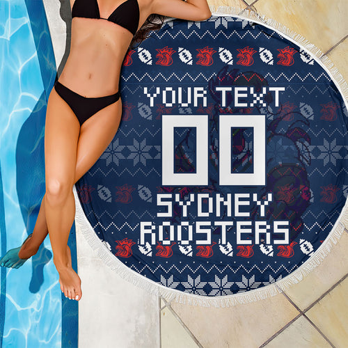 Personalized Sydney Roosters Christmas Beach Blanket Australian Rugby Fans - Pixelated Ugly Xmas Pattern Mascot Santa