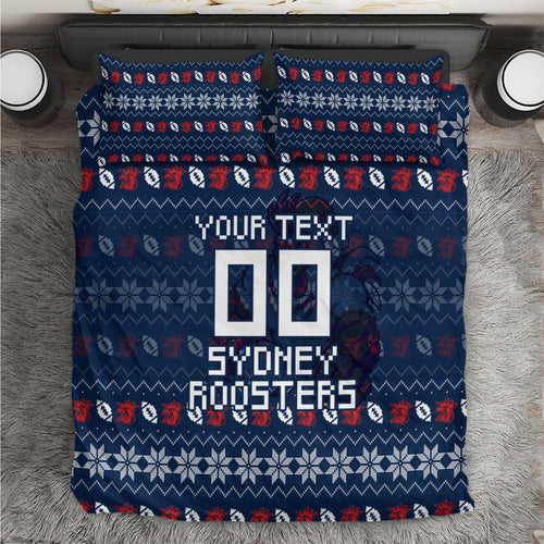 Personalized Sydney Roosters Christmas Bedding Set Australian Rugby Fans - Pixelated Ugly Xmas Pattern Mascot Santa