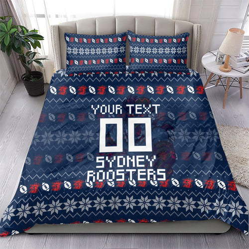 Personalized Sydney Roosters Christmas Bedding Set Australian Rugby Fans - Pixelated Ugly Xmas Pattern Mascot Santa