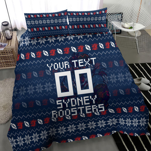 Personalized Sydney Roosters Christmas Bedding Set Australian Rugby Fans - Pixelated Ugly Xmas Pattern Mascot Santa