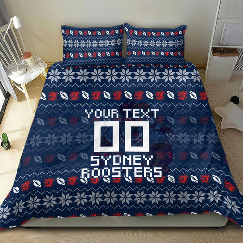 Personalized Sydney Roosters Christmas Bedding Set Australian Rugby Fans - Pixelated Ugly Xmas Pattern Mascot Santa