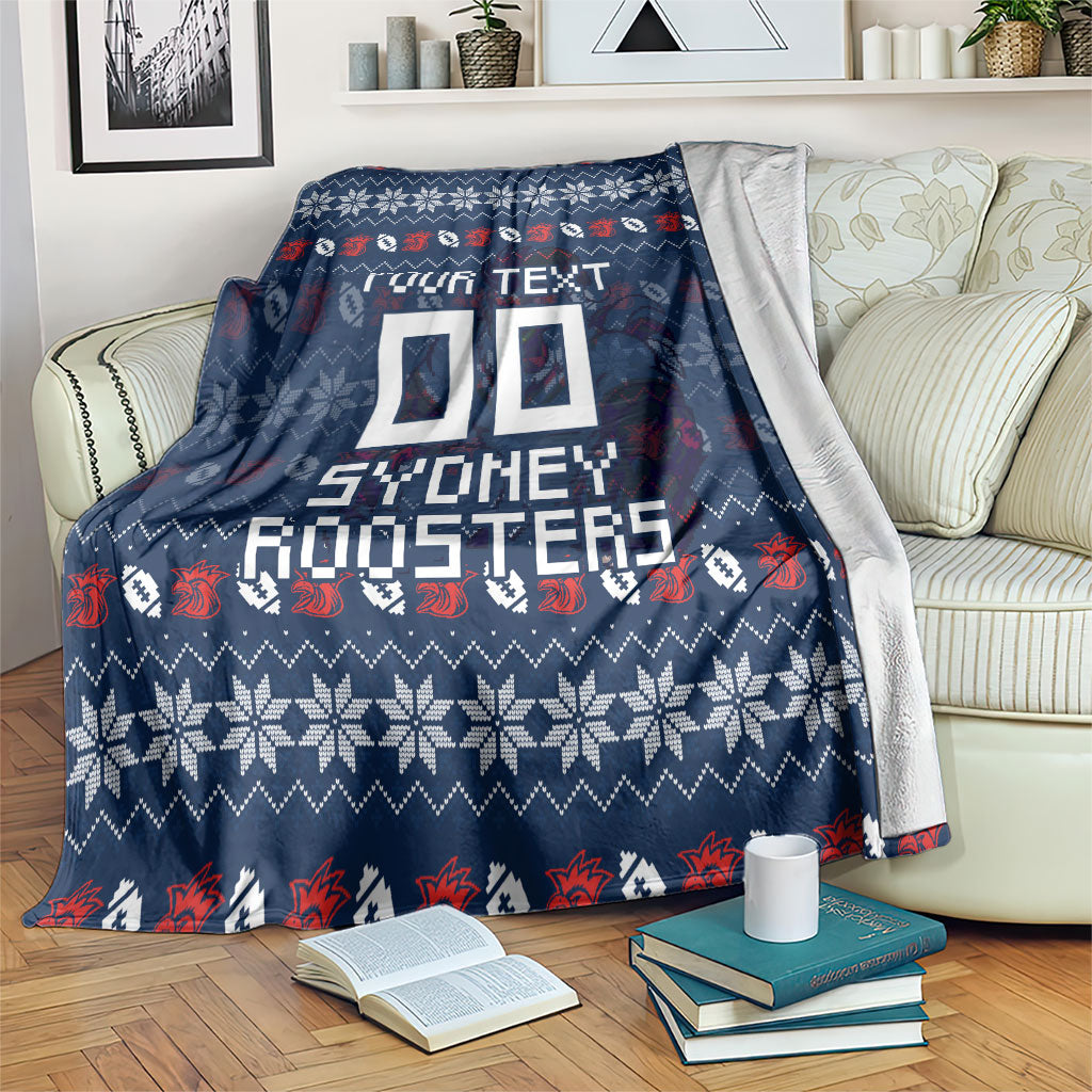 Personalized Sydney Roosters Christmas Blanket Australian Rugby Fans - Pixelated Ugly Xmas Pattern Mascot Santa