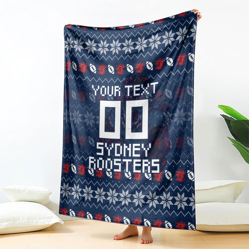 Personalized Sydney Roosters Christmas Blanket Australian Rugby Fans - Pixelated Ugly Xmas Pattern Mascot Santa
