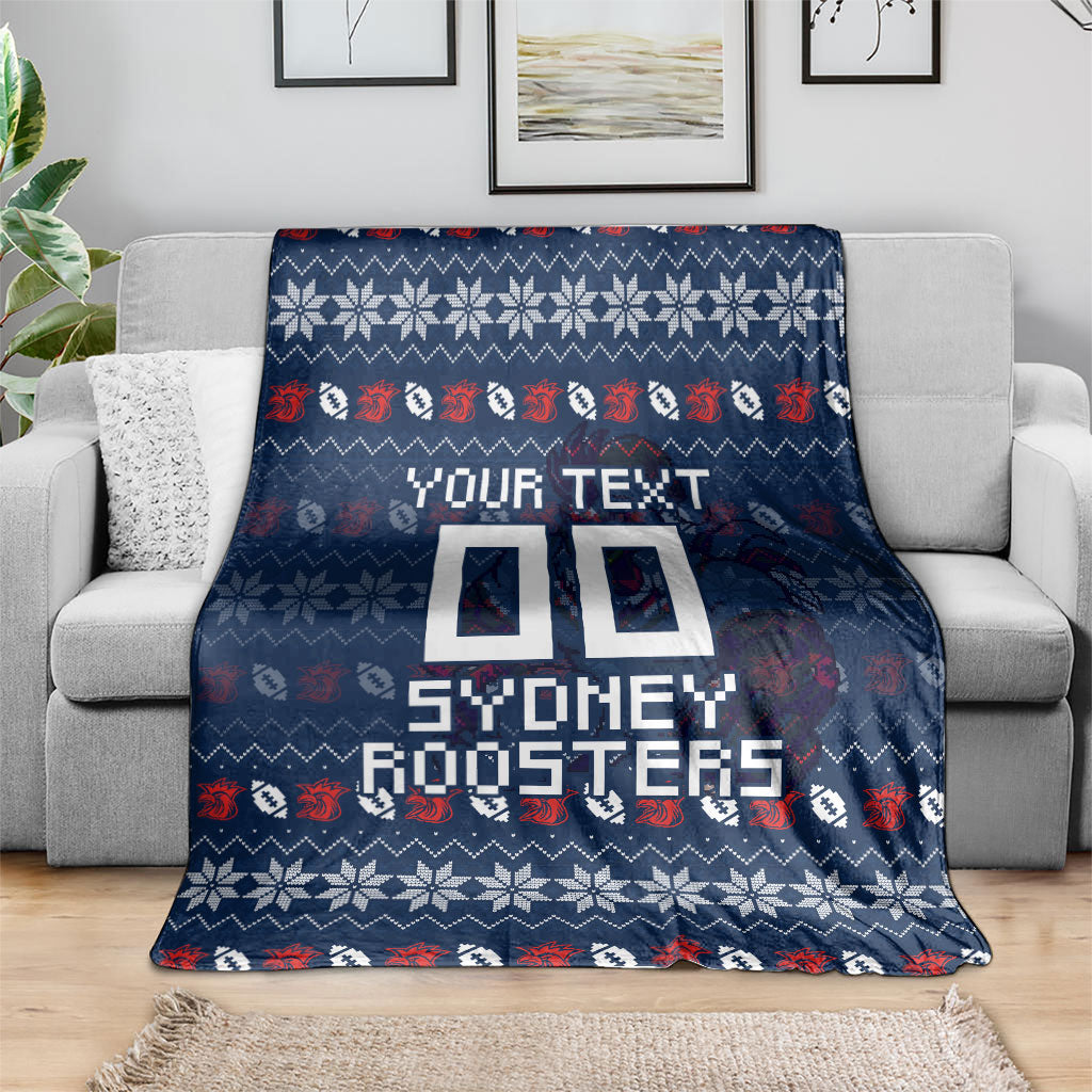 Personalized Sydney Roosters Christmas Blanket Australian Rugby Fans - Pixelated Ugly Xmas Pattern Mascot Santa