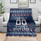Personalized Sydney Roosters Christmas Blanket Australian Rugby Fans - Pixelated Ugly Xmas Pattern Mascot Santa