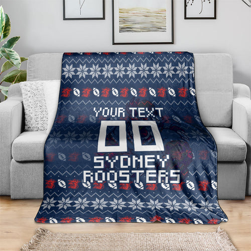 Personalized Sydney Roosters Christmas Blanket Australian Rugby Fans - Pixelated Ugly Xmas Pattern Mascot Santa