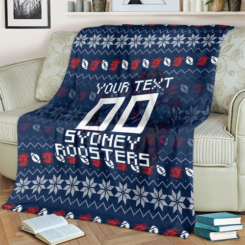 Personalized Sydney Roosters Christmas Blanket Australian Rugby Fans - Pixelated Ugly Xmas Pattern Mascot Santa