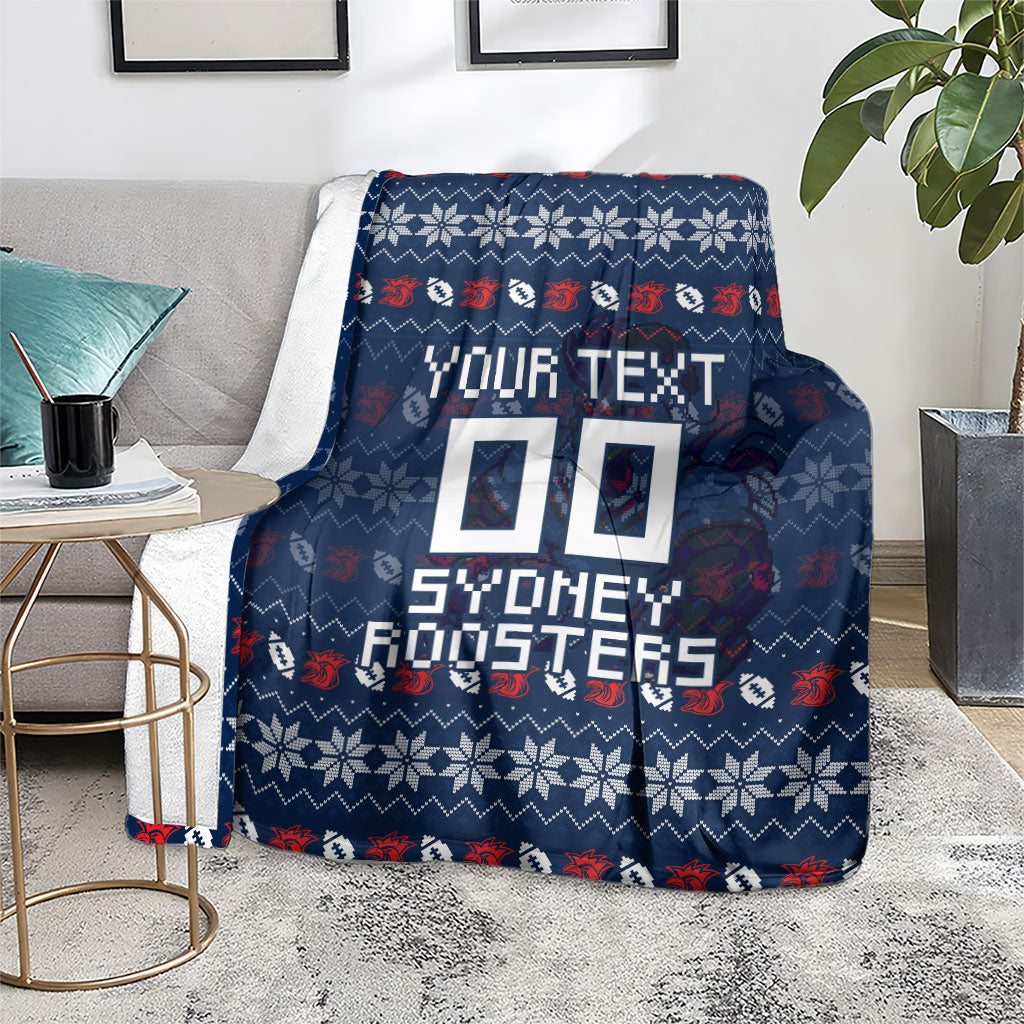 Personalized Sydney Roosters Christmas Blanket Australian Rugby Fans - Pixelated Ugly Xmas Pattern Mascot Santa