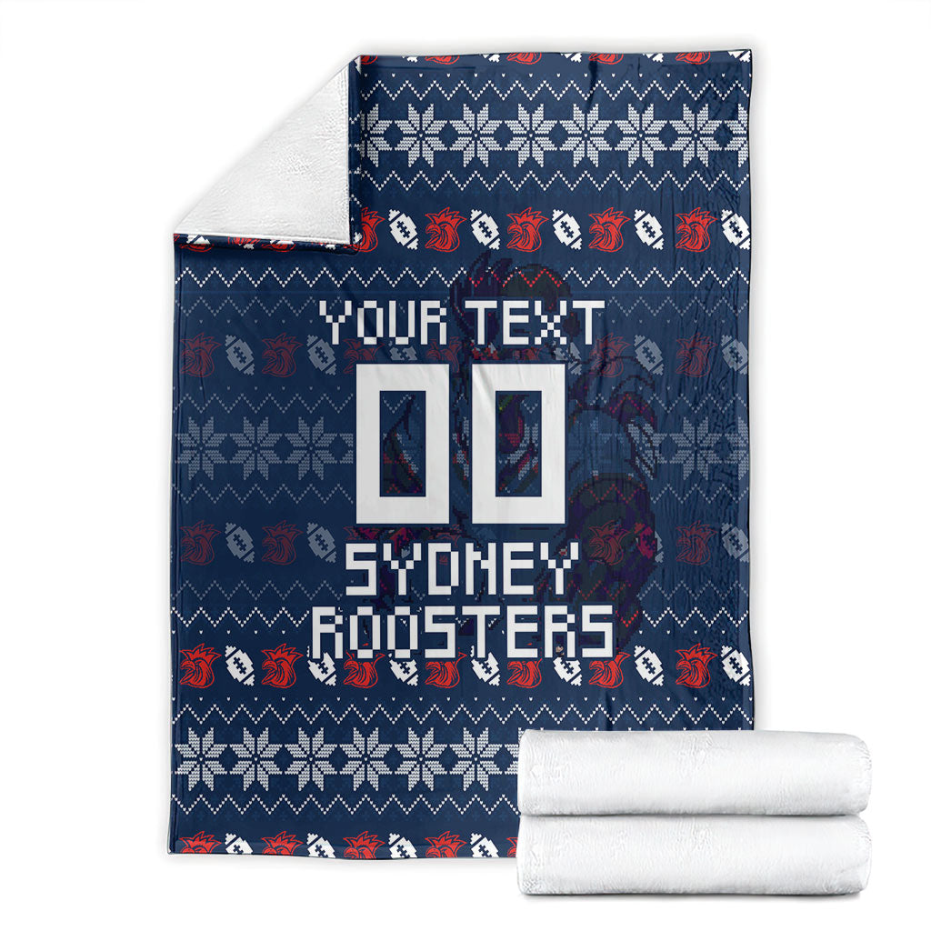 Personalized Sydney Roosters Christmas Blanket Australian Rugby Fans - Pixelated Ugly Xmas Pattern Mascot Santa