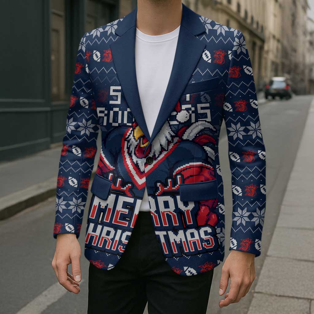 Personalized Sydney Roosters Christmas Blazer Australian Rugby Fans - Pixelated Ugly Xmas Pattern Mascot Santa