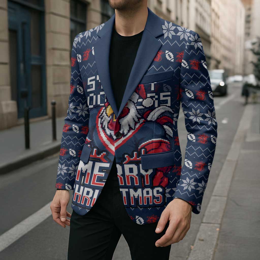 Personalized Sydney Roosters Christmas Blazer Australian Rugby Fans - Pixelated Ugly Xmas Pattern Mascot Santa