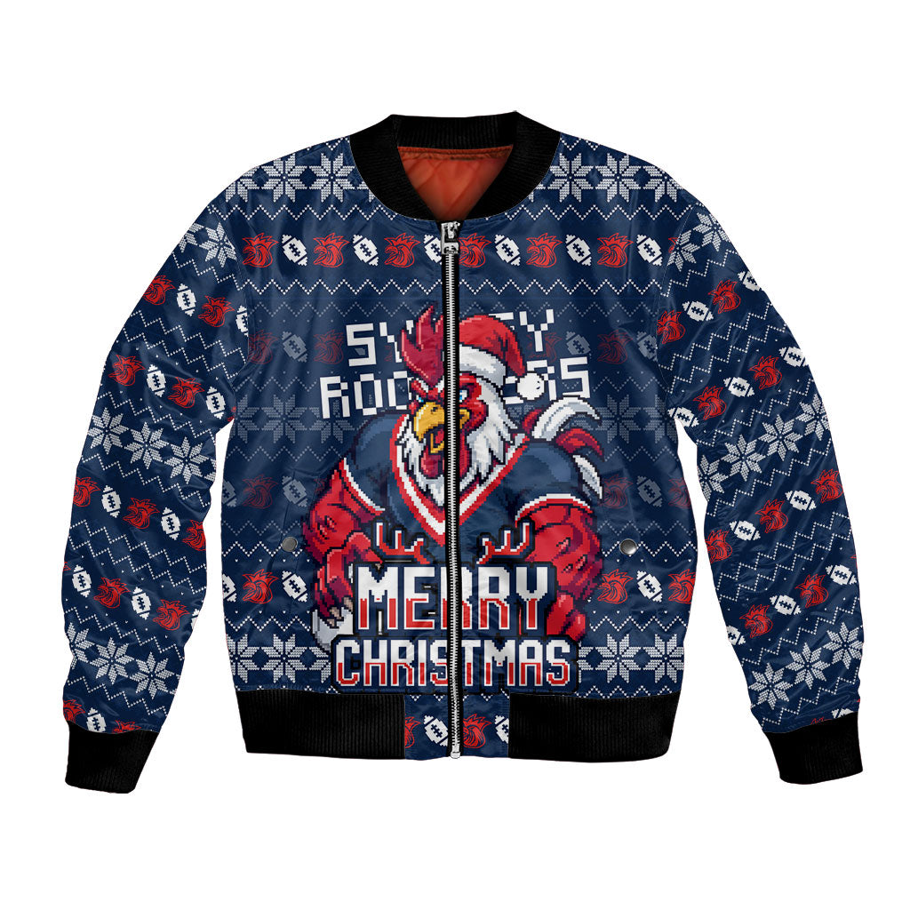 Personalized Sydney Roosters Christmas Bomber Jacket Australian Rugby Fans - Pixelated Ugly Xmas Pattern Mascot Santa