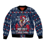 Personalized Sydney Roosters Christmas Bomber Jacket Australian Rugby Fans - Pixelated Ugly Xmas Pattern Mascot Santa