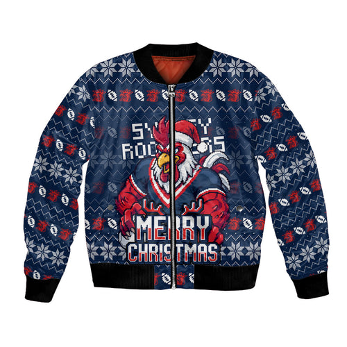 Personalized Sydney Roosters Christmas Bomber Jacket Australian Rugby Fans - Pixelated Ugly Xmas Pattern Mascot Santa