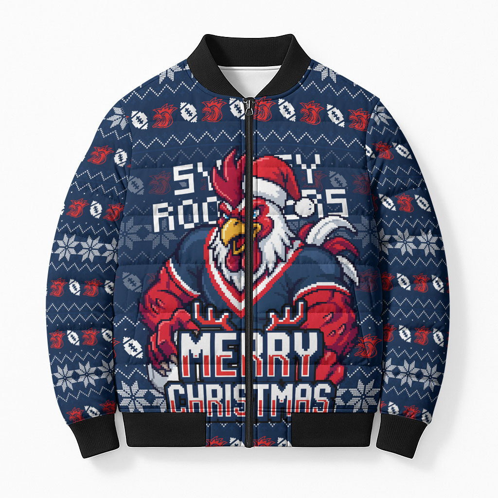 Personalized Sydney Roosters Christmas Bomber Puffer Jacket Australian Rugby Fans - Pixelated Ugly Xmas Pattern Mascot Santa