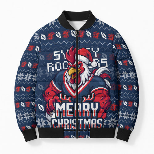 Personalized Sydney Roosters Christmas Bomber Puffer Jacket Australian Rugby Fans - Pixelated Ugly Xmas Pattern Mascot Santa