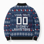 Personalized Sydney Roosters Christmas Bomber Puffer Jacket Australian Rugby Fans - Pixelated Ugly Xmas Pattern Mascot Santa