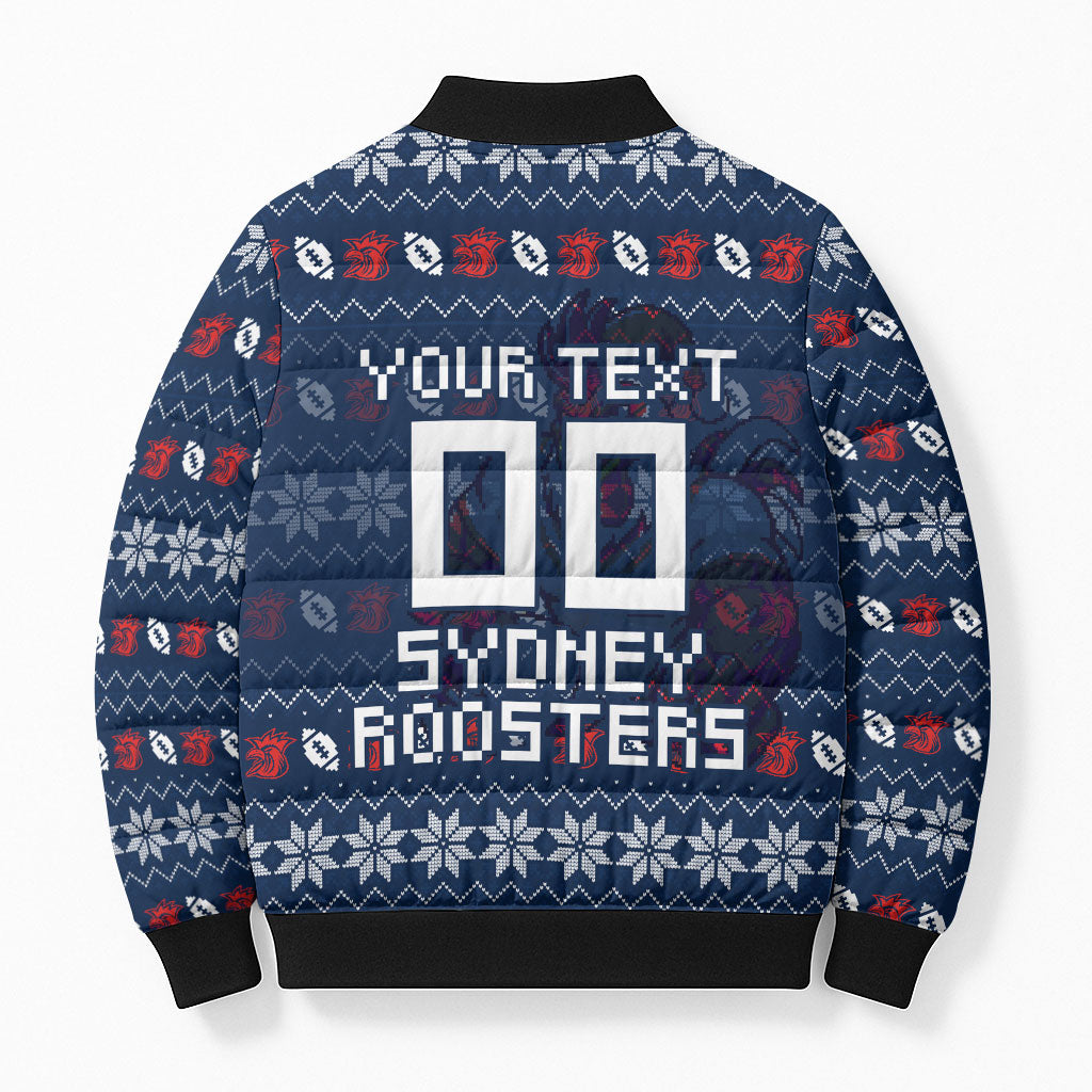 Personalized Sydney Roosters Christmas Bomber Puffer Jacket Australian Rugby Fans - Pixelated Ugly Xmas Pattern Mascot Santa