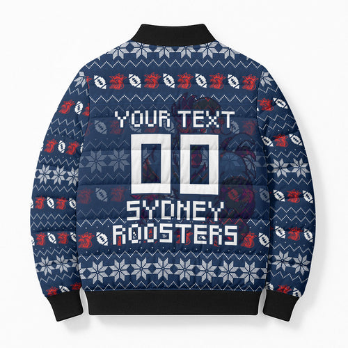 Personalized Sydney Roosters Christmas Bomber Puffer Jacket Australian Rugby Fans - Pixelated Ugly Xmas Pattern Mascot Santa