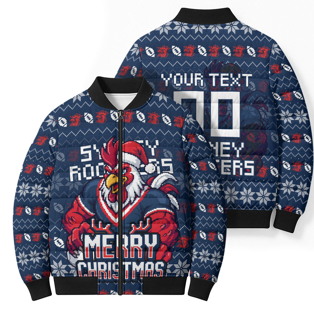 Personalized Sydney Roosters Christmas Bomber Puffer Jacket Australian Rugby Fans - Pixelated Ugly Xmas Pattern Mascot Santa