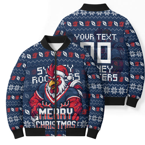 Personalized Sydney Roosters Christmas Bomber Puffer Jacket Australian Rugby Fans - Pixelated Ugly Xmas Pattern Mascot Santa