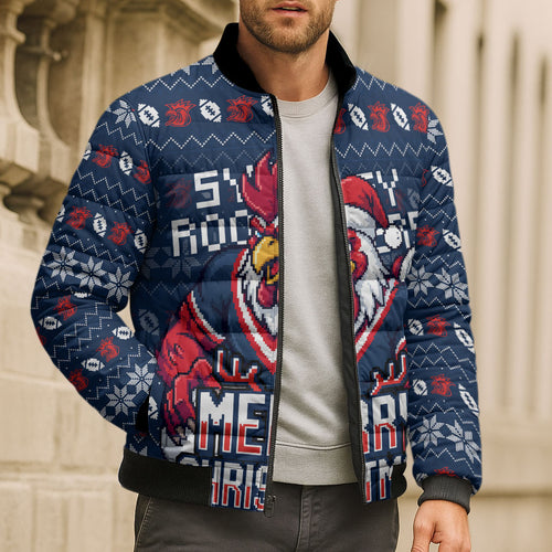 Personalized Sydney Roosters Christmas Bomber Puffer Jacket Australian Rugby Fans - Pixelated Ugly Xmas Pattern Mascot Santa