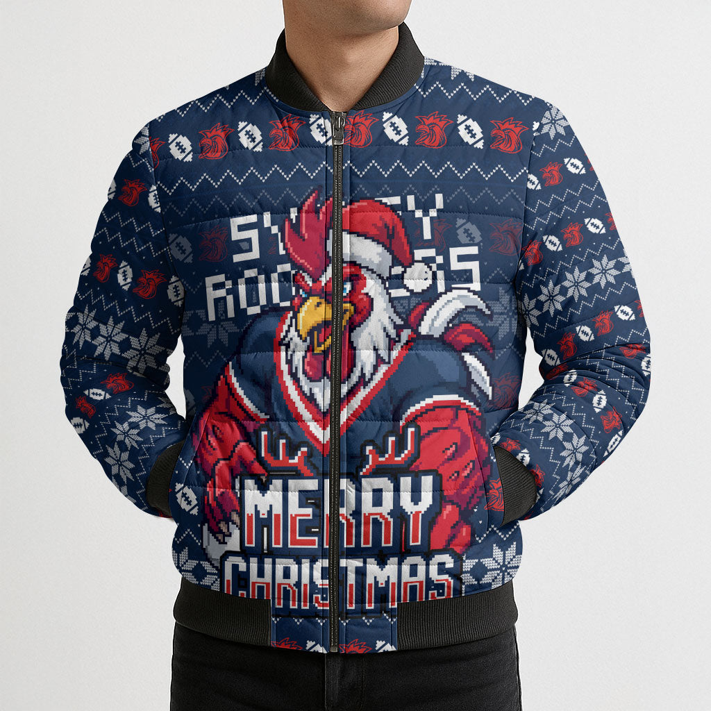 Personalized Sydney Roosters Christmas Bomber Puffer Jacket Australian Rugby Fans - Pixelated Ugly Xmas Pattern Mascot Santa