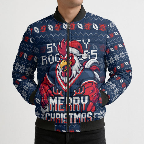 Personalized Sydney Roosters Christmas Bomber Puffer Jacket Australian Rugby Fans - Pixelated Ugly Xmas Pattern Mascot Santa