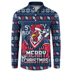Personalized Sydney Roosters Christmas Button Sweatshirt Australian Rugby Fans - Pixelated Ugly Xmas Pattern Mascot Santa