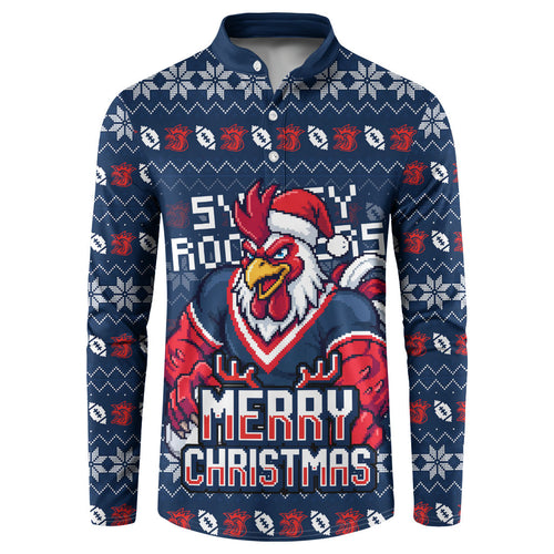 Personalized Sydney Roosters Christmas Button Sweatshirt Australian Rugby Fans - Pixelated Ugly Xmas Pattern Mascot Santa