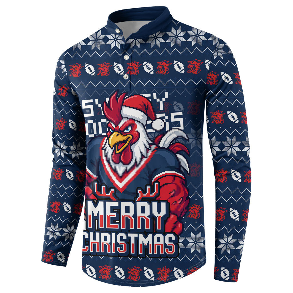 Personalized Sydney Roosters Christmas Button Sweatshirt Australian Rugby Fans - Pixelated Ugly Xmas Pattern Mascot Santa