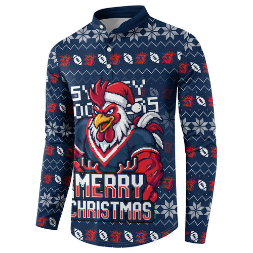 Personalized Sydney Roosters Christmas Button Sweatshirt Australian Rugby Fans - Pixelated Ugly Xmas Pattern Mascot Santa