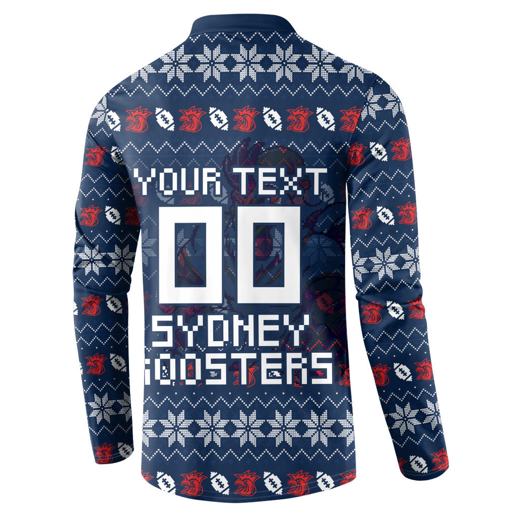 Personalized Sydney Roosters Christmas Button Sweatshirt Australian Rugby Fans - Pixelated Ugly Xmas Pattern Mascot Santa