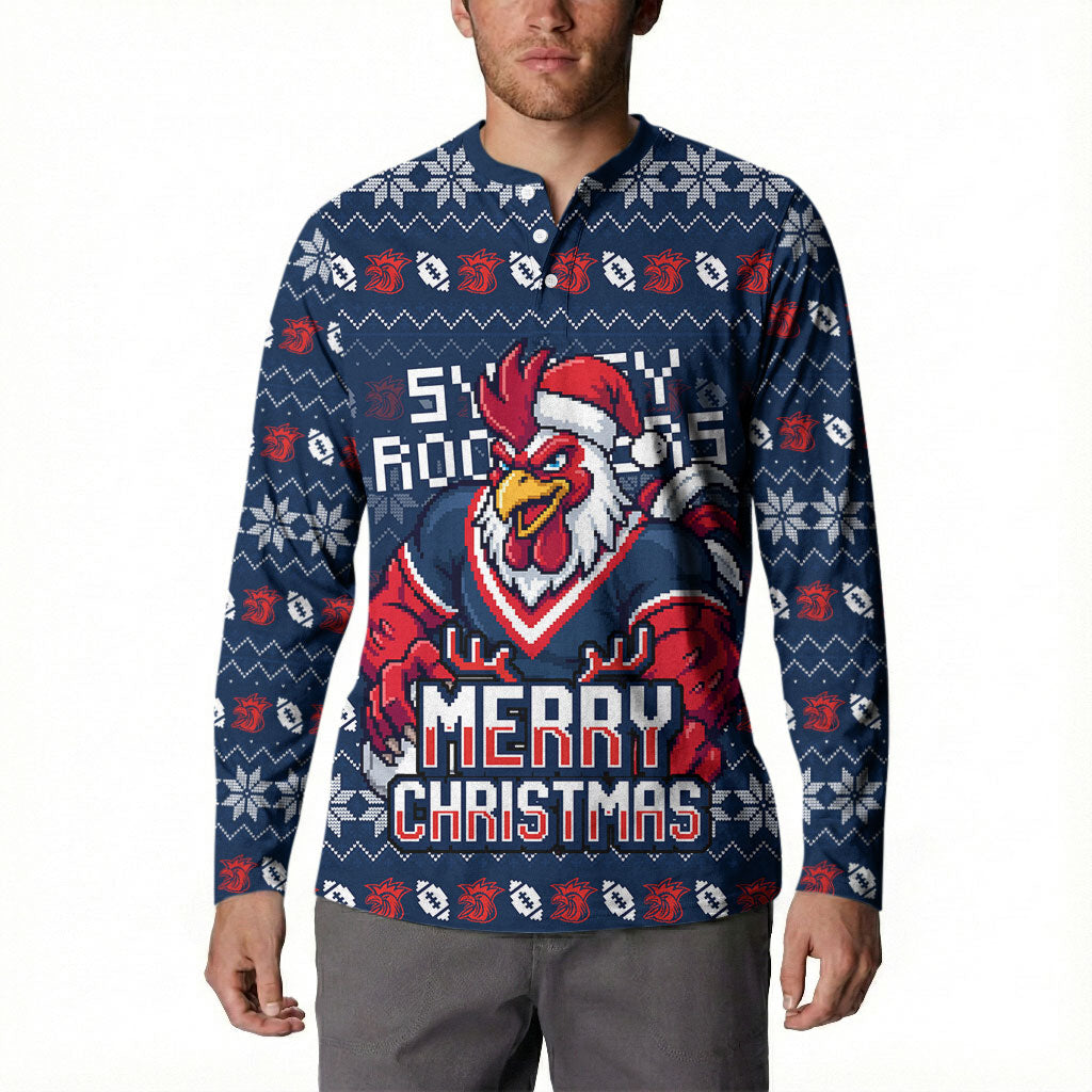 Personalized Sydney Roosters Christmas Button Sweatshirt Australian Rugby Fans - Pixelated Ugly Xmas Pattern Mascot Santa