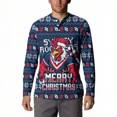 Personalized Sydney Roosters Christmas Button Sweatshirt Australian Rugby Fans - Pixelated Ugly Xmas Pattern Mascot Santa