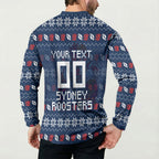 Personalized Sydney Roosters Christmas Button Sweatshirt Australian Rugby Fans - Pixelated Ugly Xmas Pattern Mascot Santa