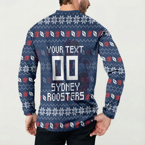 Personalized Sydney Roosters Christmas Button Sweatshirt Australian Rugby Fans - Pixelated Ugly Xmas Pattern Mascot Santa