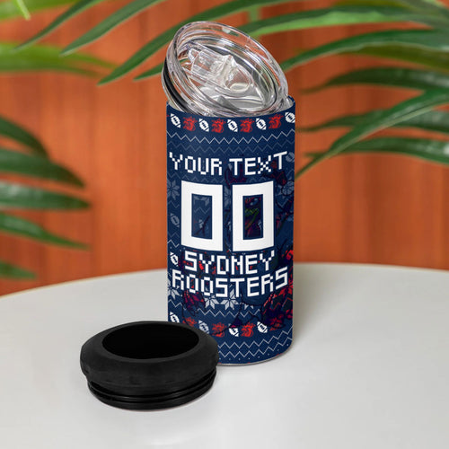 Personalized Sydney Roosters Christmas 4 in 1 Can Cooler Tumbler Australian Rugby Fans - Pixelated Ugly Xmas Pattern Mascot Santa