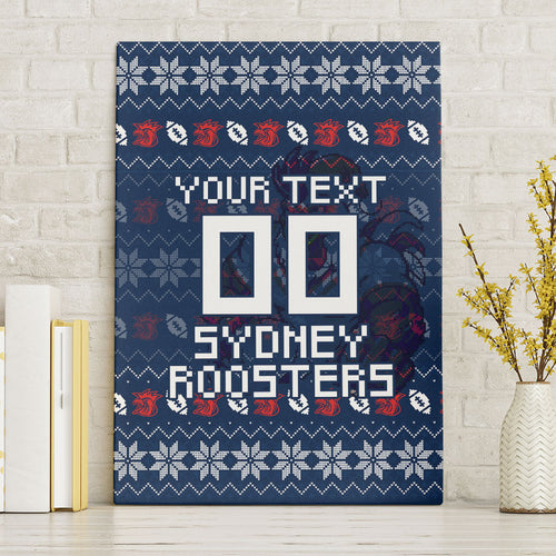 Personalized Sydney Roosters Christmas Canvas Wall Art Australian Rugby Fans - Pixelated Ugly Xmas Pattern Mascot Santa