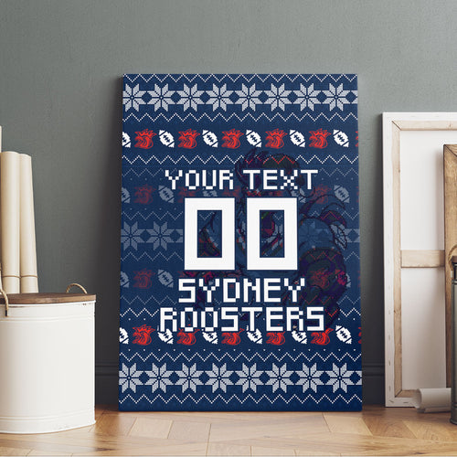 Personalized Sydney Roosters Christmas Canvas Wall Art Australian Rugby Fans - Pixelated Ugly Xmas Pattern Mascot Santa