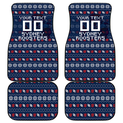 Personalized Sydney Roosters Christmas Car Mats Australian Rugby Fans - Pixelated Ugly Xmas Pattern Mascot Santa