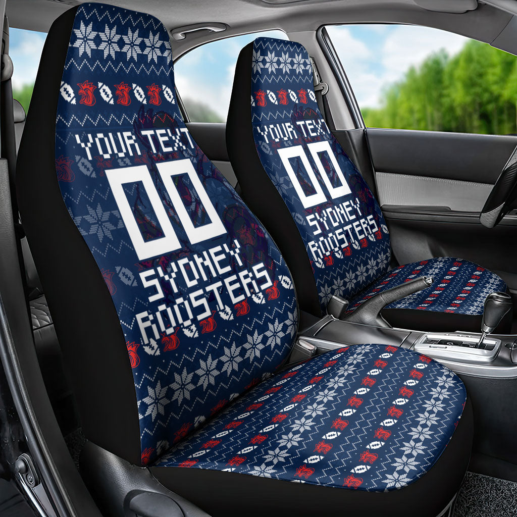 Personalized Sydney Roosters Christmas Car Seat Cover Australian Rugby Fans - Pixelated Ugly Xmas Pattern Mascot Santa
