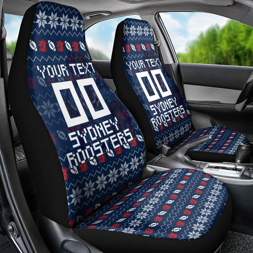Personalized Sydney Roosters Christmas Car Seat Cover Australian Rugby Fans - Pixelated Ugly Xmas Pattern Mascot Santa